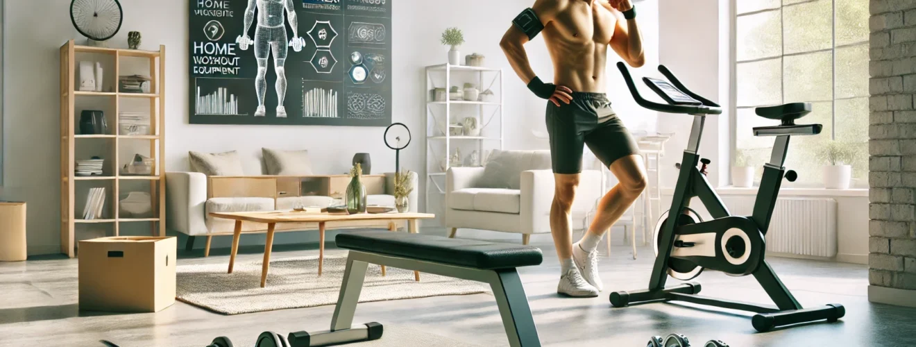 Moderner Fitnessraum in einem hellen Wohnzimmer mit Hantelbank, Kurzhanteln, Spinning-Bike und einer sportlichen Person auf einer Yogamatte, die das Heimtraining demonstriert. Perfekt für effektives Training zuhause.