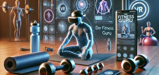 VR-Fitness Training: Eine VR-Brille im Vordergrund, umgeben von Fitnessgeräten wie Hanteln, Yogamatte und Wasserflasche. Im Hintergrund zeigt ein Smartphone eine Fitness-App in einer futuristischen, holografischen Umgebung. Ein athletischer Mann ist in ein virtuelles Workout vertieft, umgeben von leuchtenden Workout-Elementen, die das immersive Erlebnis des VR-Fitness-Trainings betonen