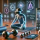 VR-Fitness Training: Eine VR-Brille im Vordergrund, umgeben von Fitnessgeräten wie Hanteln, Yogamatte und Wasserflasche. Im Hintergrund zeigt ein Smartphone eine Fitness-App in einer futuristischen, holografischen Umgebung. Ein athletischer Mann ist in ein virtuelles Workout vertieft, umgeben von leuchtenden Workout-Elementen, die das immersive Erlebnis des VR-Fitness-Trainings betonen