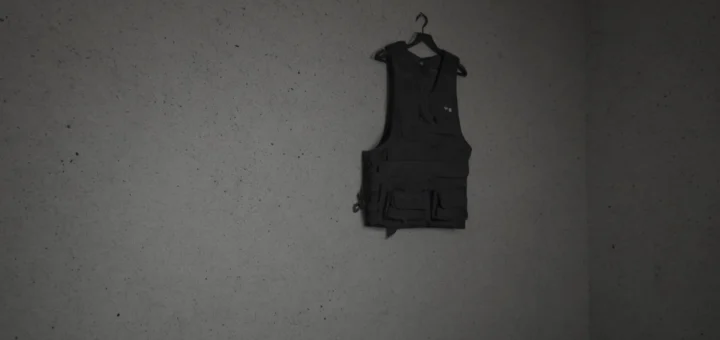 Black tactical weighted vest lying on a concrete gym floor next to a barbell plate, dramatic overhead lighting, dark moody atmosphere, industrial setting, masterpiece, best quality, highly detailed, sharp focus, professional photography