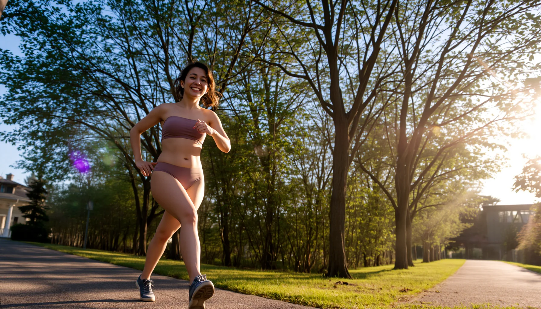 Japanese person walking on scenic tree-lined path in morning sunlight, gentle smile on face, comfort