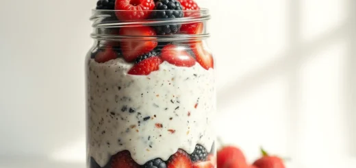 single large glass jar filled with overnight oats layered with berries, soft natural light from side