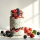 single large glass jar filled with overnight oats layered with berries, soft natural light from side