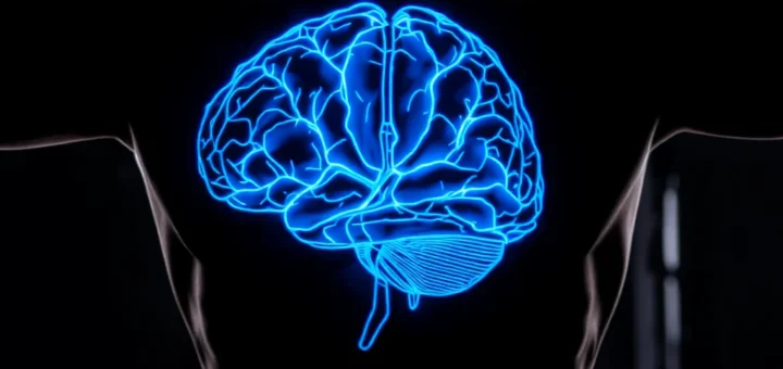 Nahaufnahme einer leuchtenden Gehirn‑Illustration, überlagert auf der Silhouette eines muskulösen Oberkörpers, neonblau leuchtend
