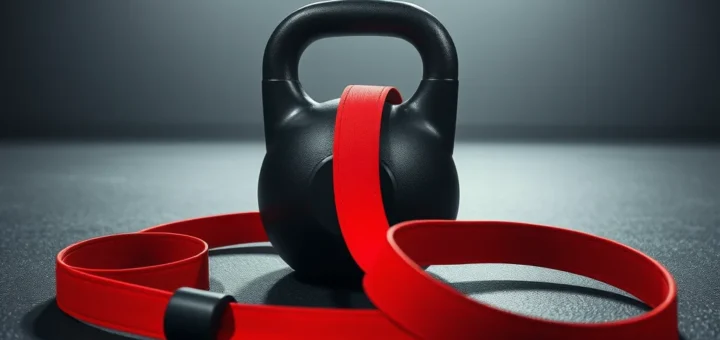 Kettlebell mit rotem Widerstandsband auf Gym-Boden, Spotlight-Beleuchtung
