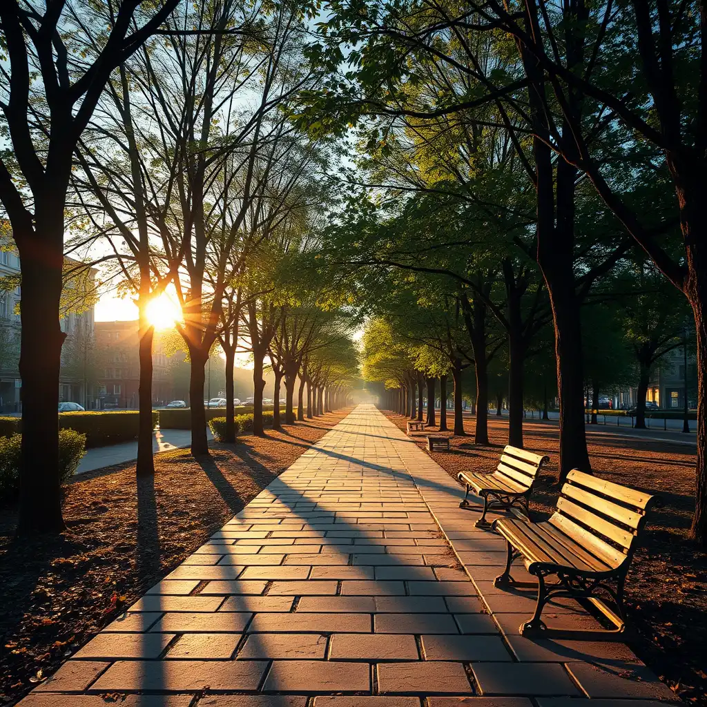 Stadtpark-Weg mit Bänken im frühen Morgenlicht, perfekt für den täglichen Walking-Routine