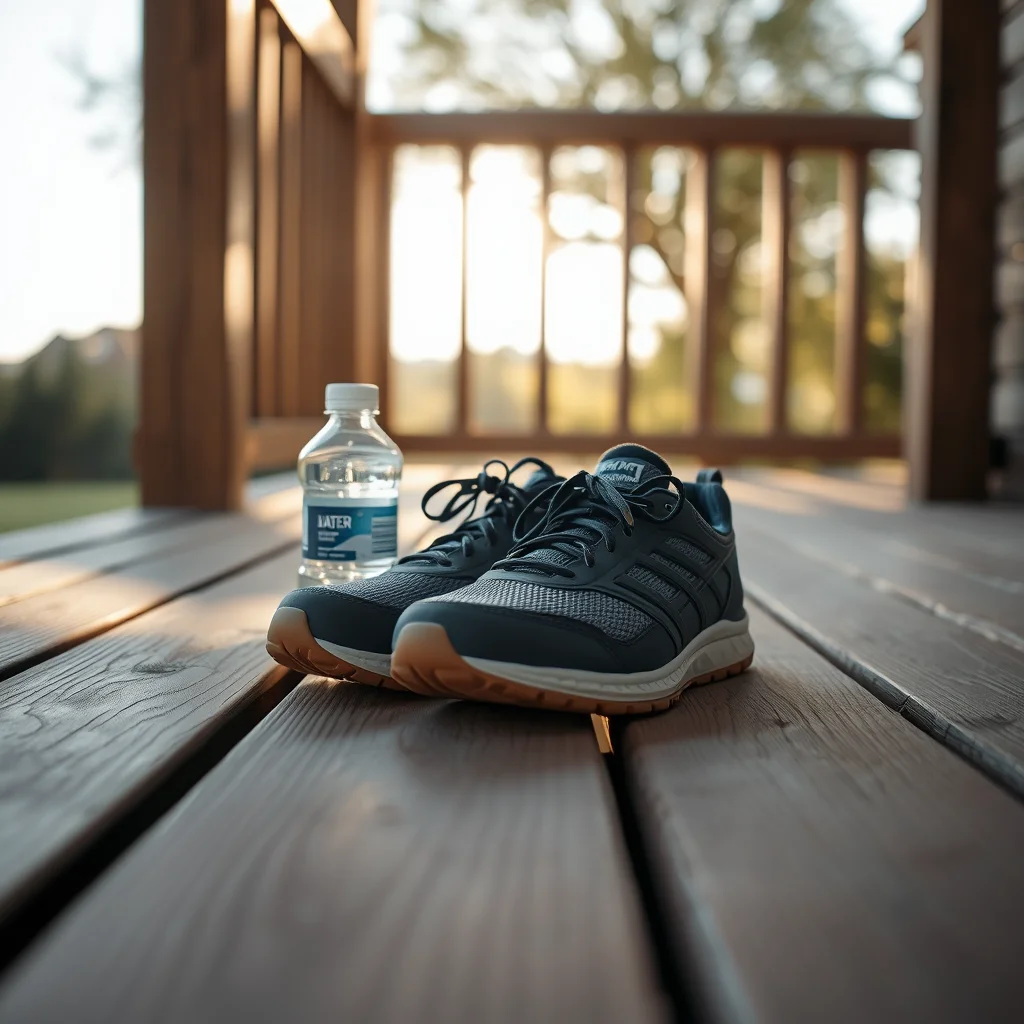 Walking-Schuhe und Wasserflasche auf einer Holzveranda im Morgenlicht
