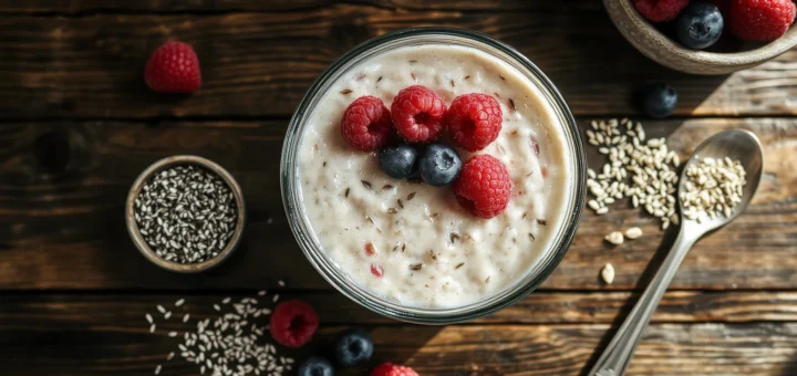 Overhead shot of a wooden table with a large glass bowl of oatmeal topped with fresh blueberries, ra