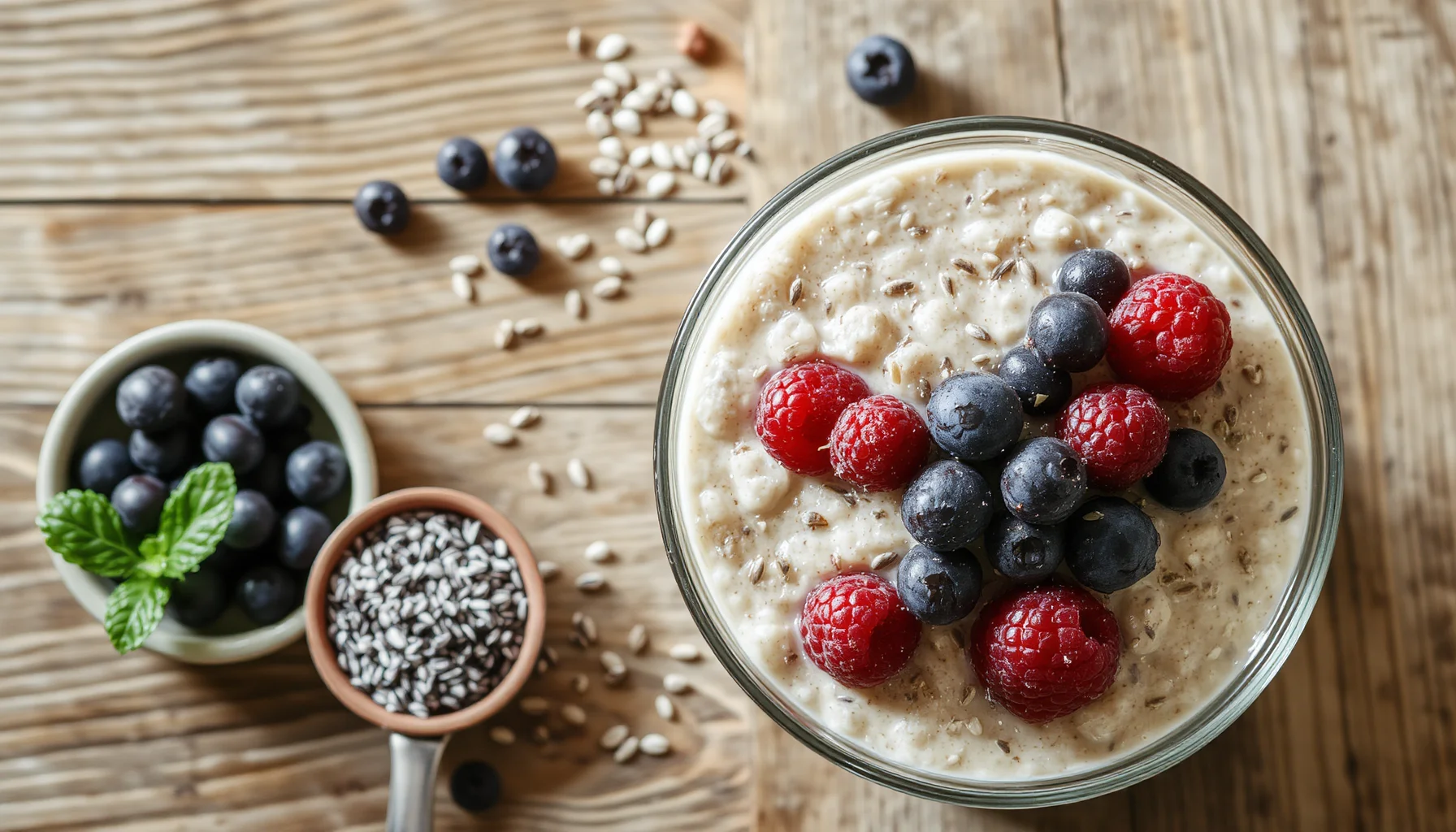 Overhead shot of a wooden table with a large glass bowl of oatmeal topped with fresh blueberries, ra