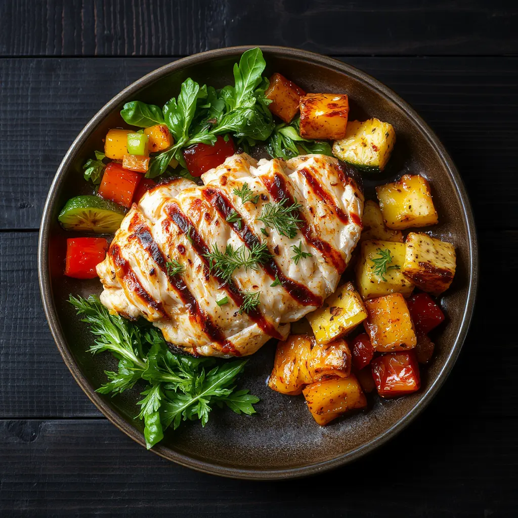 Top-down view of a healthy high-protein meal plate on a dark wooden table, grilled chicken breast wi