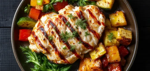 Gesunde und proteinreiche Mahlzeit auf einem Teller auf einem dunklen Holztisch. Gegrillte Hühnchenbrust mit Gemüse