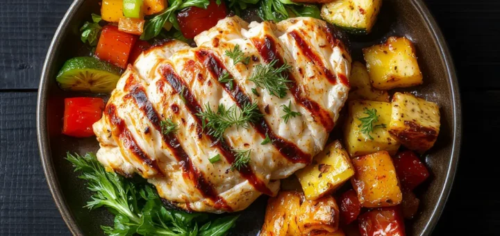 Gesunde und proteinreiche Mahlzeit auf einem Teller auf einem dunklen Holztisch. Gegrillte Hühnchenbrust mit Gemüse