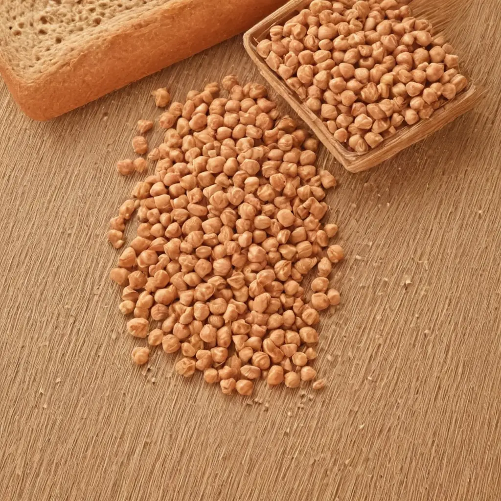 Rustic wooden board displaying a pile of cooked chickpeas and lentils next to a whole grain bread sl