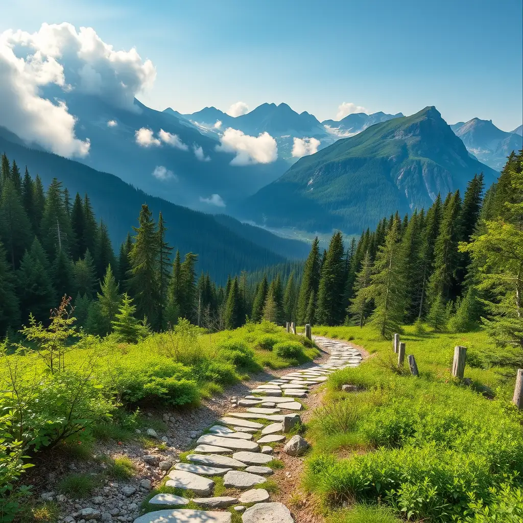 Steinpfad durch grüne Berglandschaft in den japanischen Alpen, ideal für Interval Walking Training