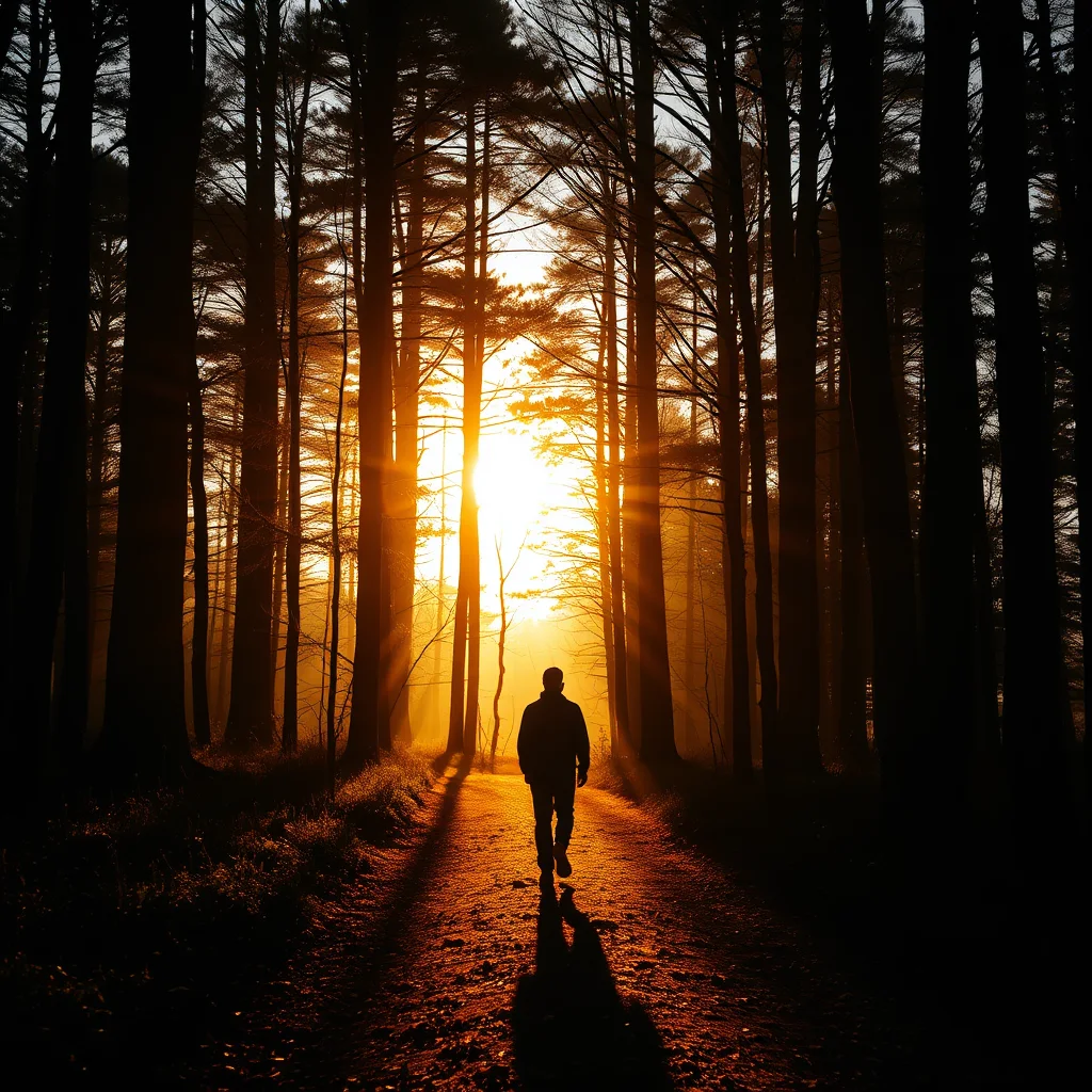 Silhouette eines Walkers auf einem Waldweg im goldenen Abendlicht