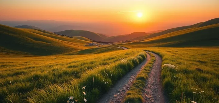 Gewundener Weg durch grüne Wiesen Richtung Hügel bei Sonnenaufgang