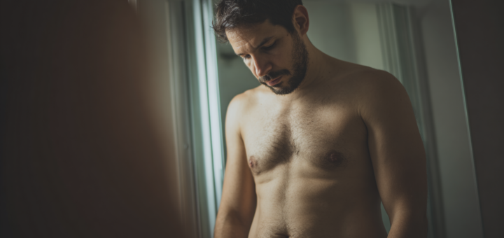 Dünner, untrainierter Mann mit schmalen Schultern und weichem Bauchansatz — typisches Skinny-Fat-Erscheinungsbild