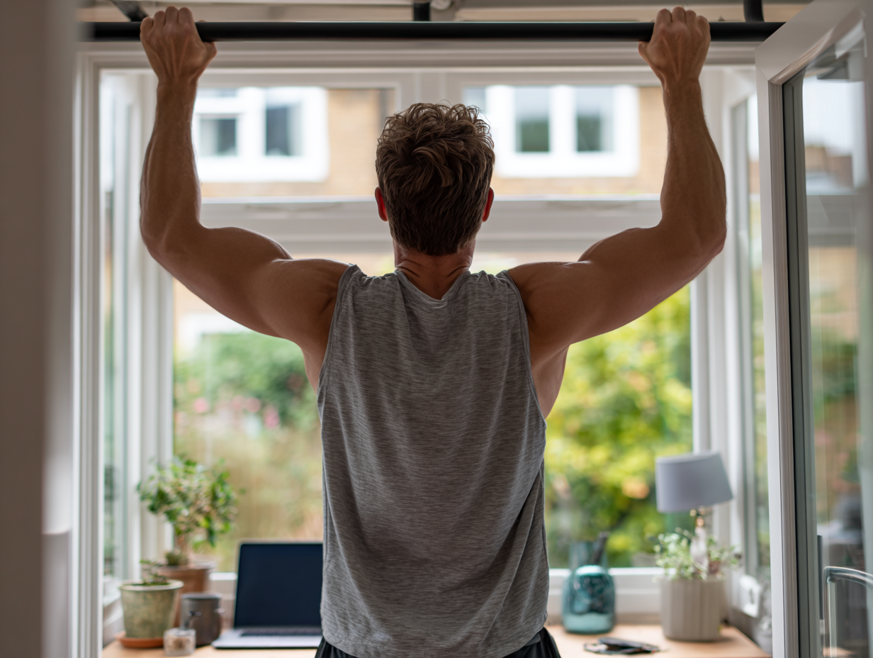 Mann macht Klimmzüge an einer Türrahmen-Stange im Homeoffice — Beispiel für Mikro-Training