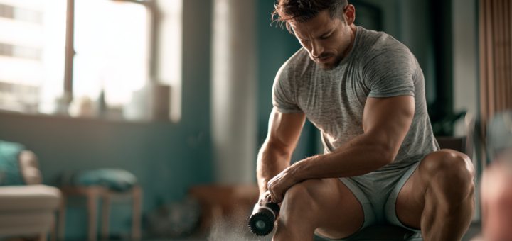 Sportler benutzt eine Massagepistole am Oberschenkel nach dem Training im Home Gym