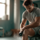 Sportler benutzt eine Massagepistole am Oberschenkel nach dem Training im Home Gym