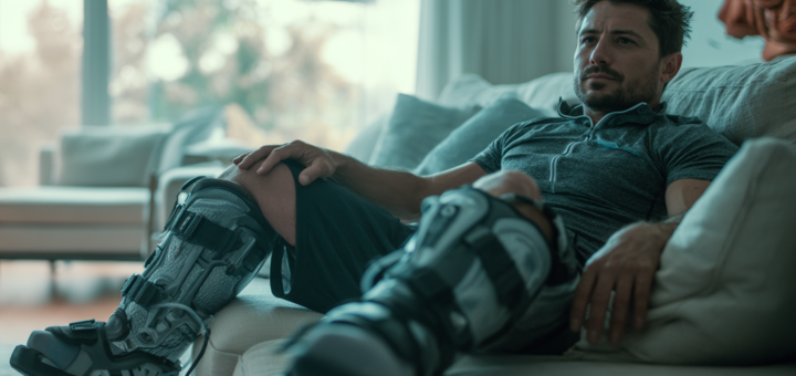 Sportler entspannt mit Recovery Boots an den Beinen auf dem Sofa nach dem Training