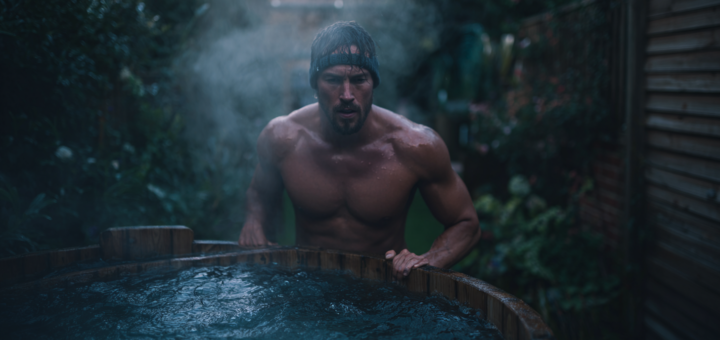 Athletischer Mann steigt im Morgengrauen in eine Eistonne im Garten, sichtbarer Atem, ruhiger Gesichtsausdruck