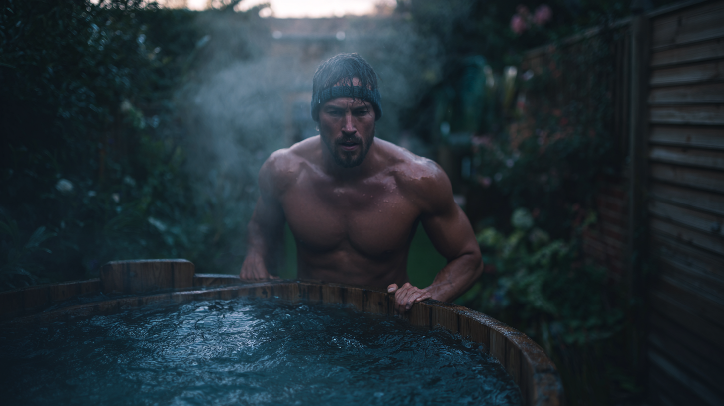 Athletischer Mann steigt im Morgengrauen in eine Eistonne im Garten, sichtbarer Atem, ruhiger Gesichtsausdruck