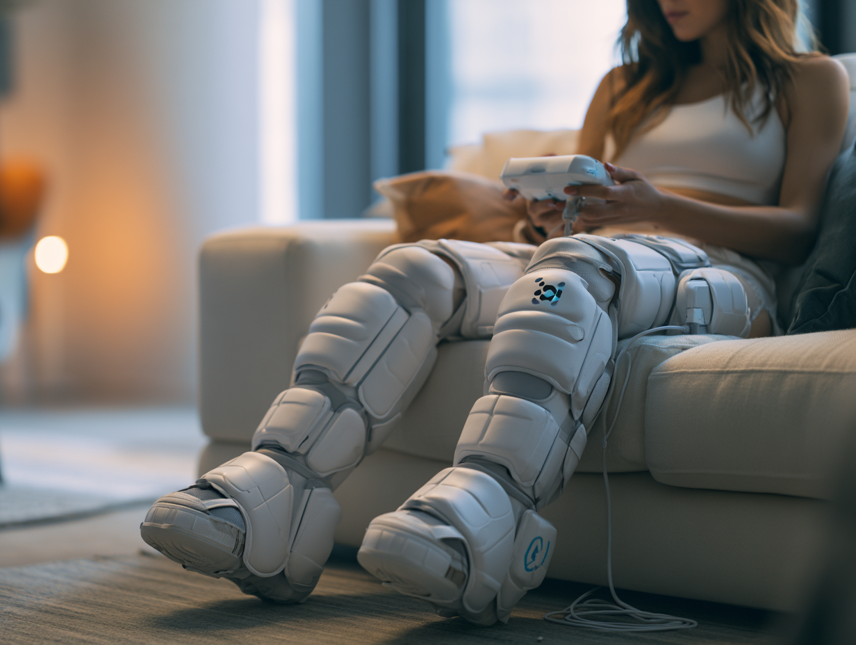 Person nutzt Kompressionsstiefel und stellt den Druck am Steuergerät ein