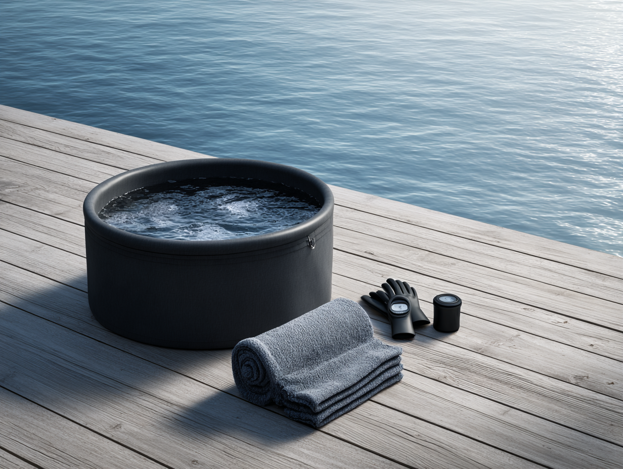 Cold-Plunge-Setup zuhause mit isolierter Eistonne und schwimmendem Thermometer auf einer Holzterrasse