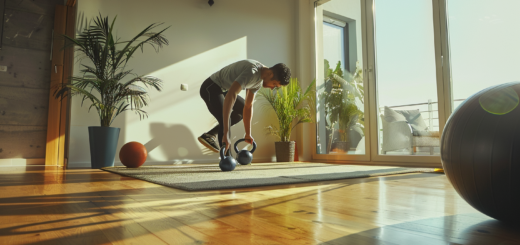 Person trainiert Hyrox-Übungen zuhause im Wohnzimmer mit Kettlebell und Medizinball