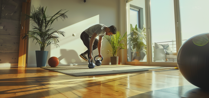Person trainiert Hyrox-Übungen zuhause im Wohnzimmer mit Kettlebell und Medizinball