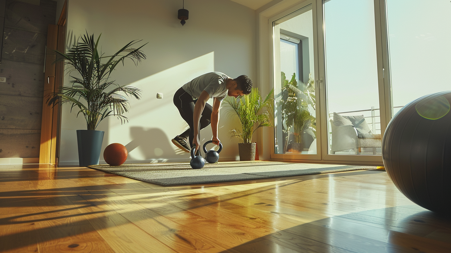 Person trainiert Hyrox-Übungen zuhause im Wohnzimmer mit Kettlebell und Medizinball