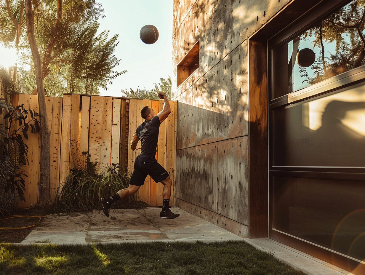Sportler wirft einen Medizinball als Wall-Ball-Ersatz gegen eine Außenwand