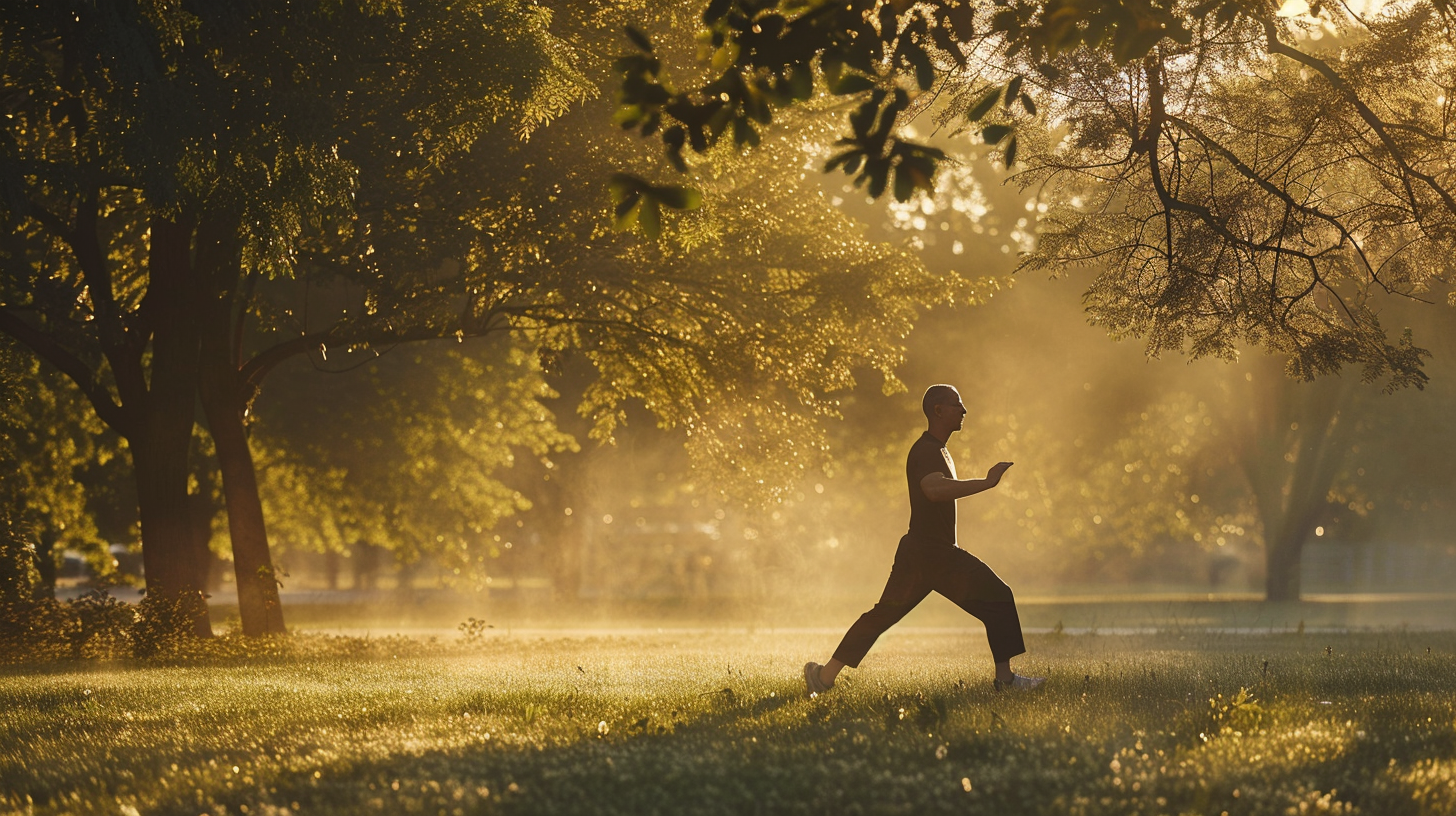 Mann beim langsamen, achtsamen Tai Chi Walking im Park bei Morgenlicht