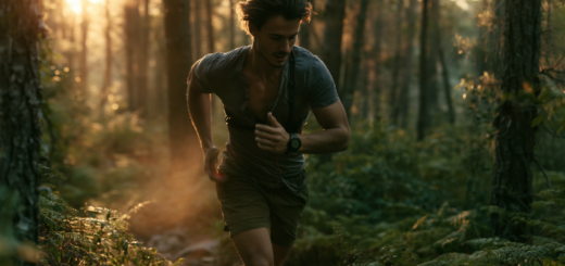 Läufer joggt in lockerem Tempo auf einem Waldweg und schaut auf seine Pulsuhr am Handgelenk