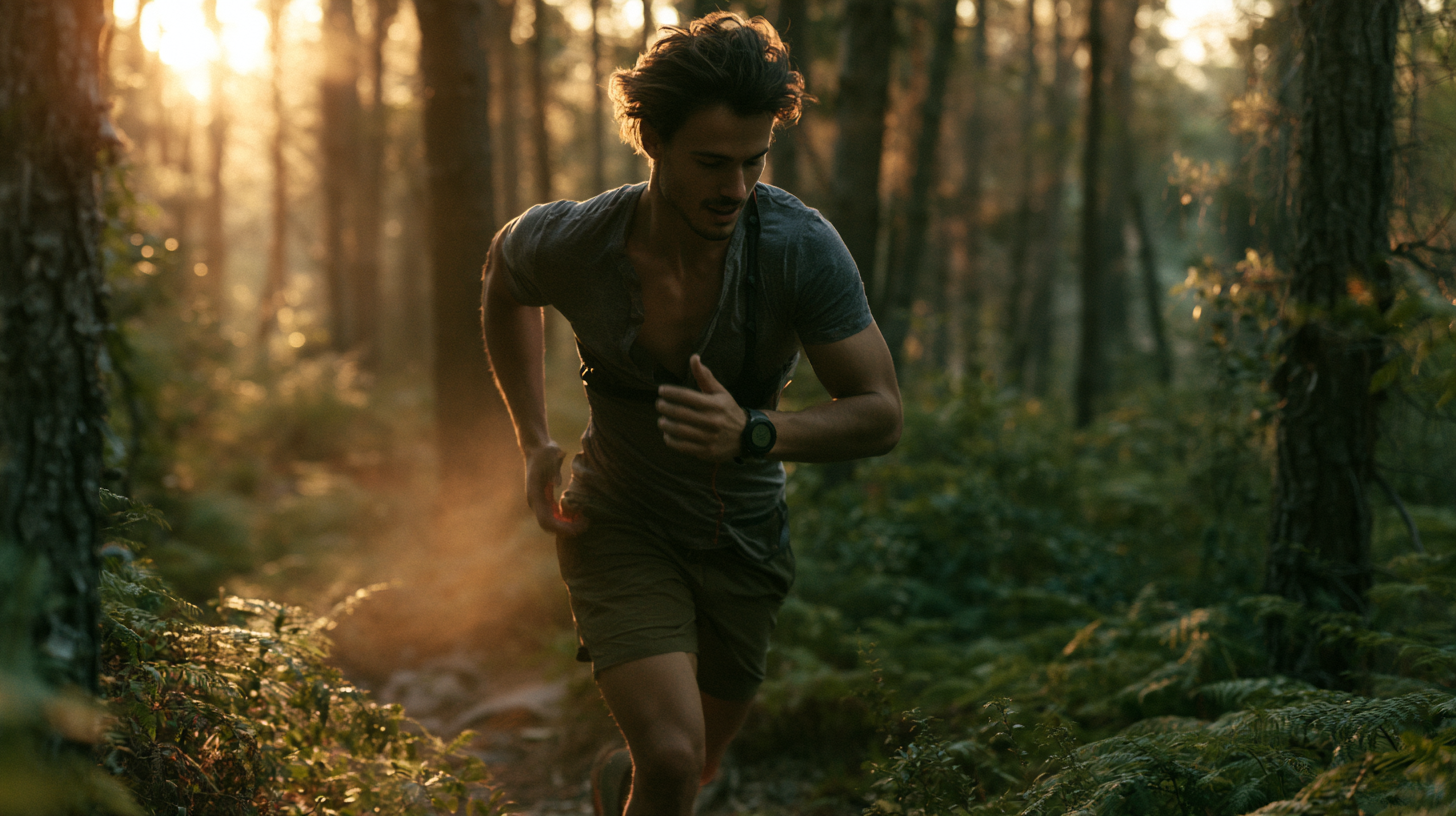 Läufer joggt in lockerem Tempo auf einem Waldweg und schaut auf seine Pulsuhr am Handgelenk