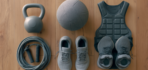 ** Hyrox-Heimausrüstung: Kettlebell, Medizinball, Springseil und Laufschuhe nebeneinander auf dem Boden