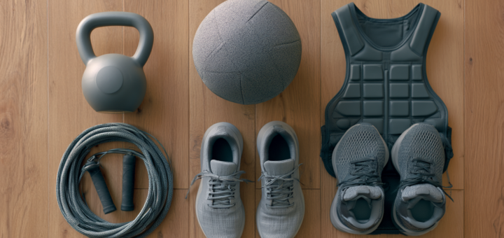 ** Hyrox-Heimausrüstung: Kettlebell, Medizinball, Springseil und Laufschuhe nebeneinander auf dem Boden