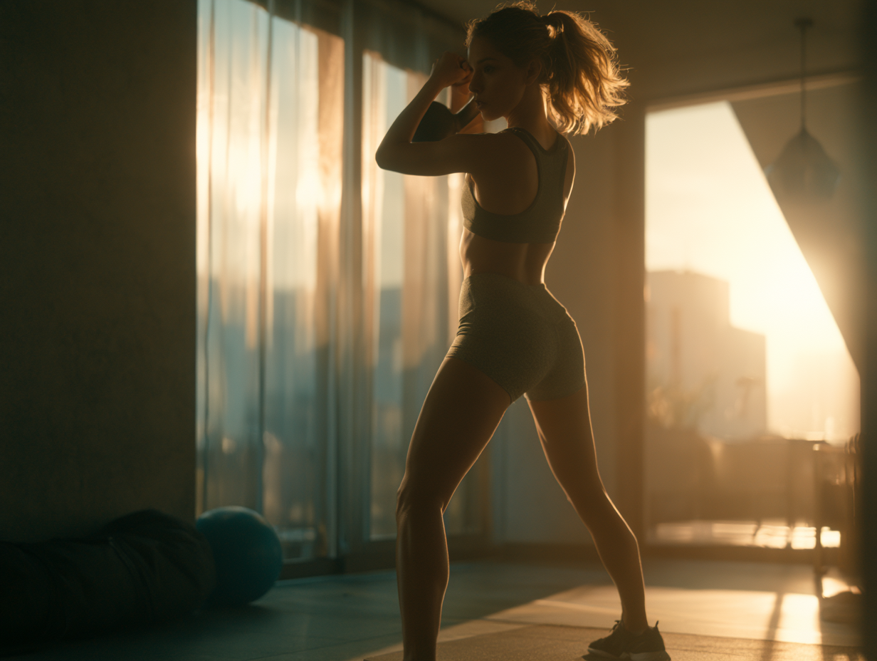 ** Sportler trainiert zuhause mit Kettlebell und Sandsack als Hyrox-Vorbereitung