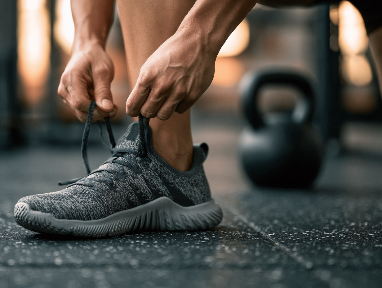** Athlet schnürt seinen Trainingsschuh vor einem Hyrox-Workout