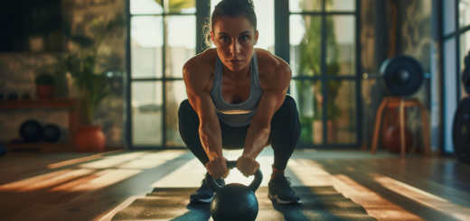 Anfängerin hält eine 8-kg-Kettlebell mit beiden Händen vor der Brust und beginnt einen Goblet Squat in einem hellen Home-Gym