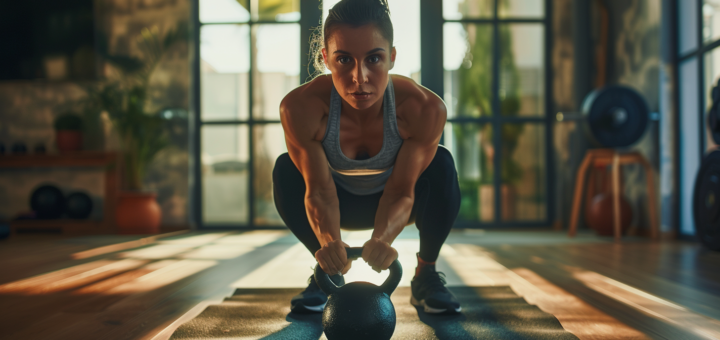 Anfängerin hält eine 8-kg-Kettlebell mit beiden Händen vor der Brust und beginnt einen Goblet Squat in einem hellen Home-Gym