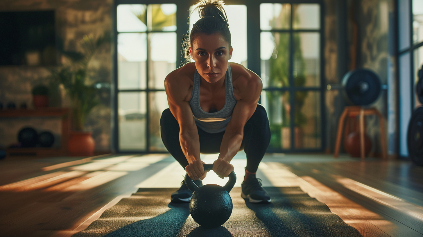 Anfängerin hält eine 8-kg-Kettlebell mit beiden Händen vor der Brust und beginnt einen Goblet Squat in einem hellen Home-Gym