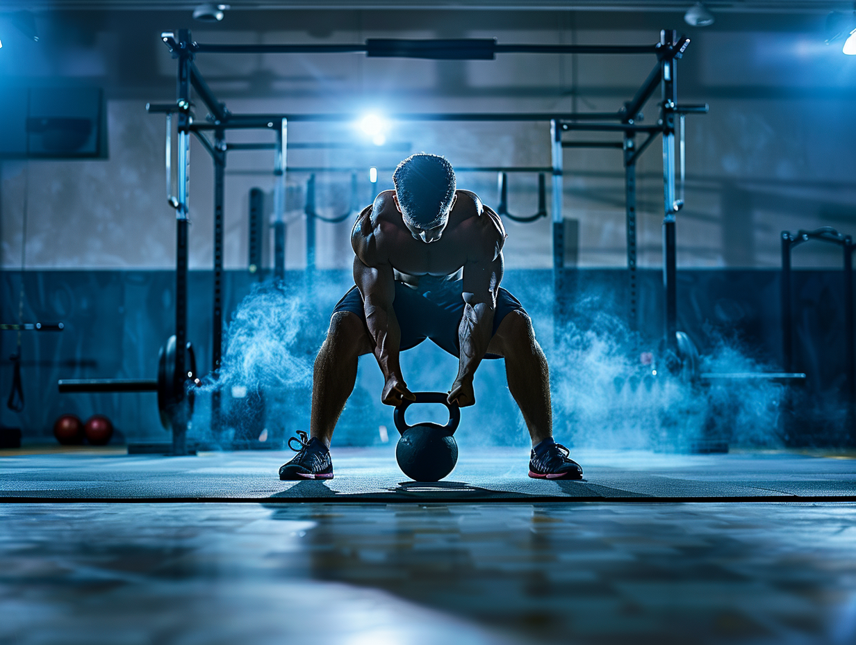 Mann führt einen Two-Hand Kettlebell Swing aus, Kugel auf Brusthöhe, explosive Hüftstreckung