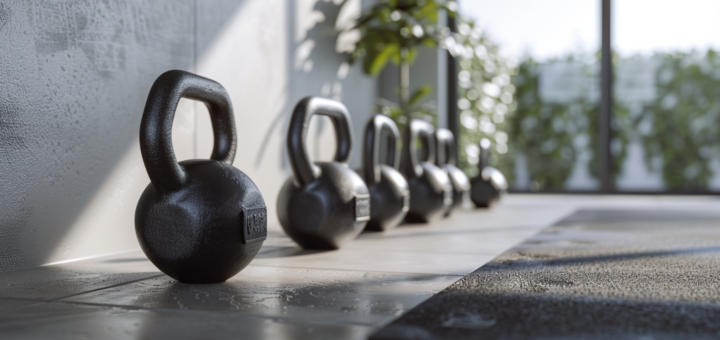 ** Verschiedene Kettlebells in mehreren Gewichten nebeneinander auf dem Boden eines hellen Home-Gyms