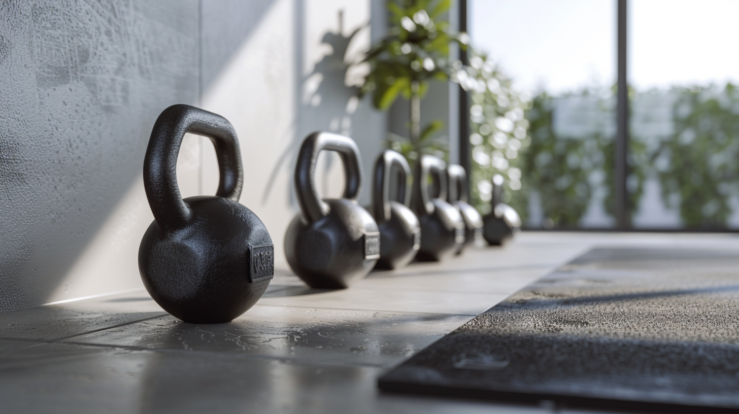 ** Verschiedene Kettlebells in mehreren Gewichten nebeneinander auf dem Boden eines hellen Home-Gyms