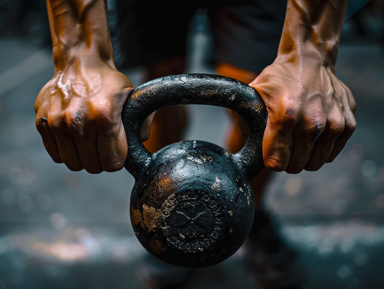 ** Nahaufnahme des Griffs einer Gusseisen-Kettlebell, Fokus auf Verarbeitung und Griffbreite