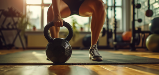 Athlet schwingt eine Kettlebell auf Brusthöhe, Hüfte gestreckt, Rücken gerade, im hellen Home Gym