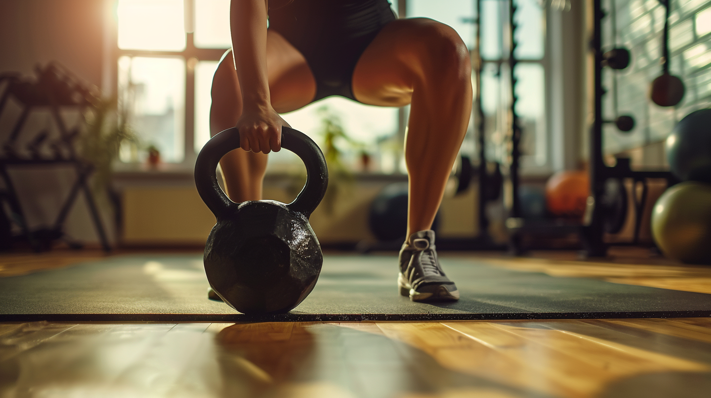 Athlet schwingt eine Kettlebell auf Brusthöhe, Hüfte gestreckt, Rücken gerade, im hellen Home Gym