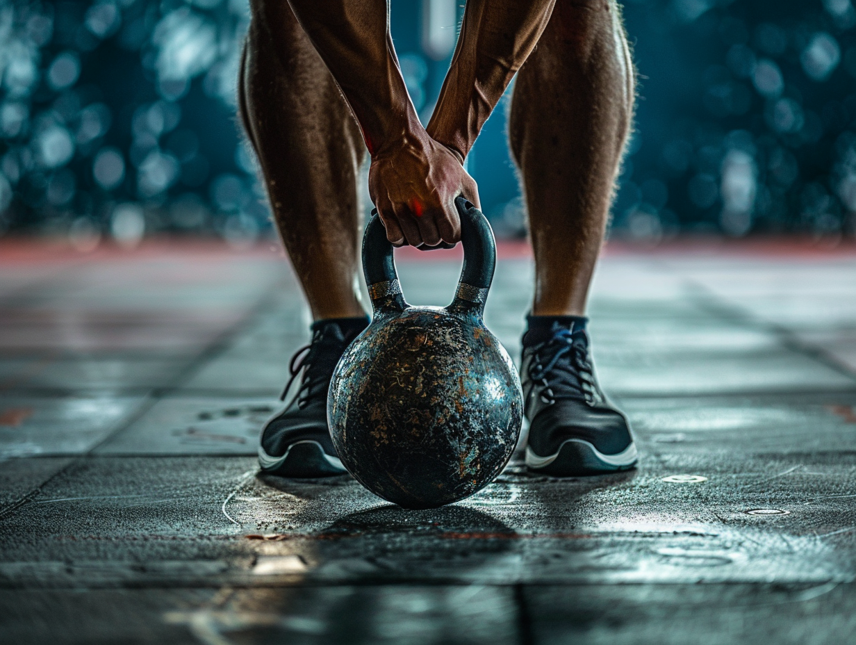 Nahaufnahme der geladenen Swing-Position: Hüfte weit nach hinten, Schienbein fast senkrecht, Kettlebell zwischen den Beinen